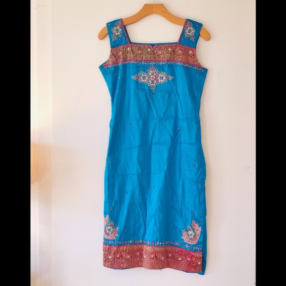 Vintage Dresses & Skirts - Vintage Heavily Beaded Aqua Turquoise Iridescent Indian Kurta Tunic Gems Dress.